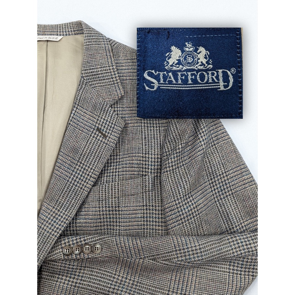 Vintage Stafford Blazer Sport Coat‎ Suit Jacket Heavy Wool Glenn Check 46L 48"